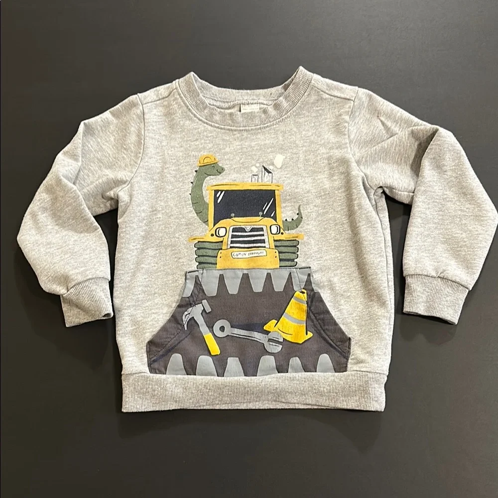Carter's Gray 4T Sweatshirt with Yellow Construction Print Dinosaur; with Pocket